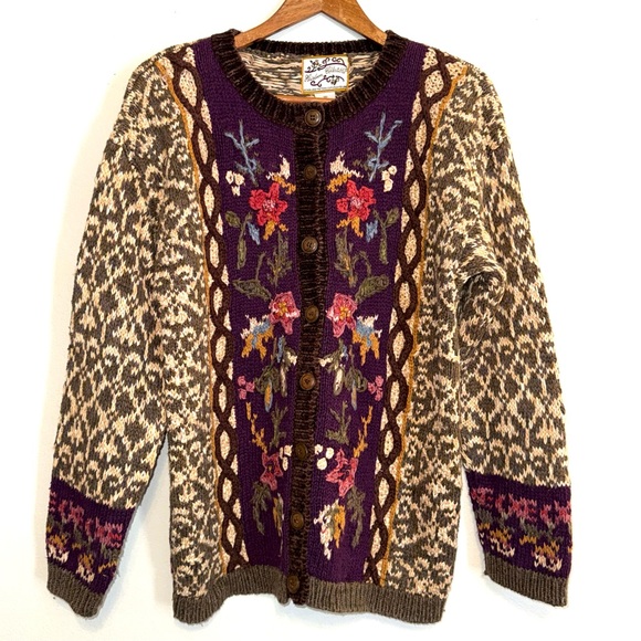 Heirloom Collectibles Sweaters - Vintage Heirloom Collectibles Purple Floral Knit Patterned Cardigan Sweater M